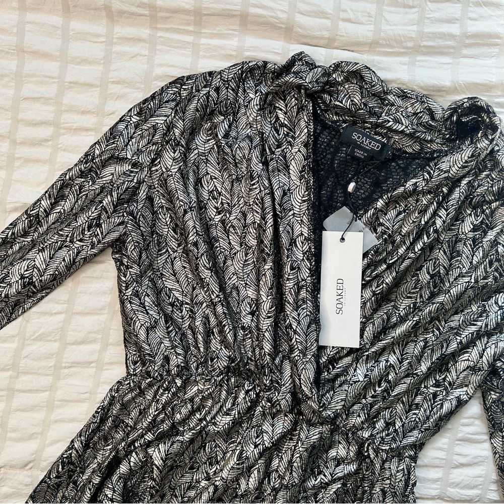 Soaked In Luxury Aliyah Metallic Feather Wrap Peplum Blouse | Size M